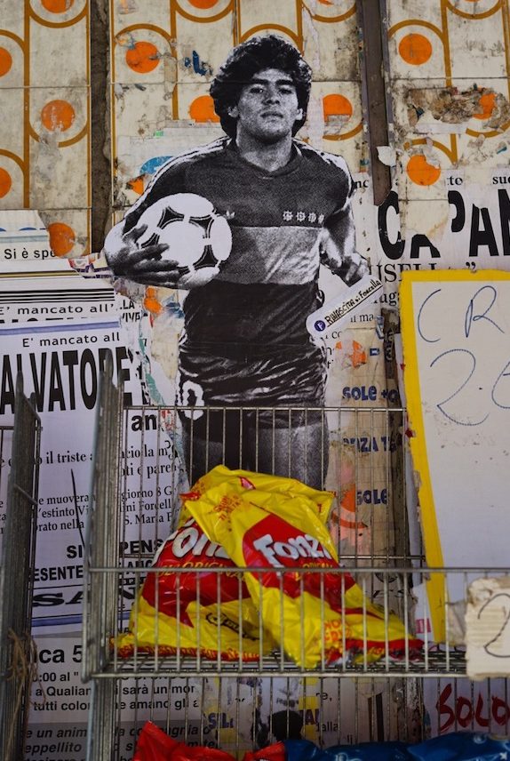 Diego Maradona of Argentina and Napoli, shrine, graffiti, artwork, tattoo, Naples, Italy.