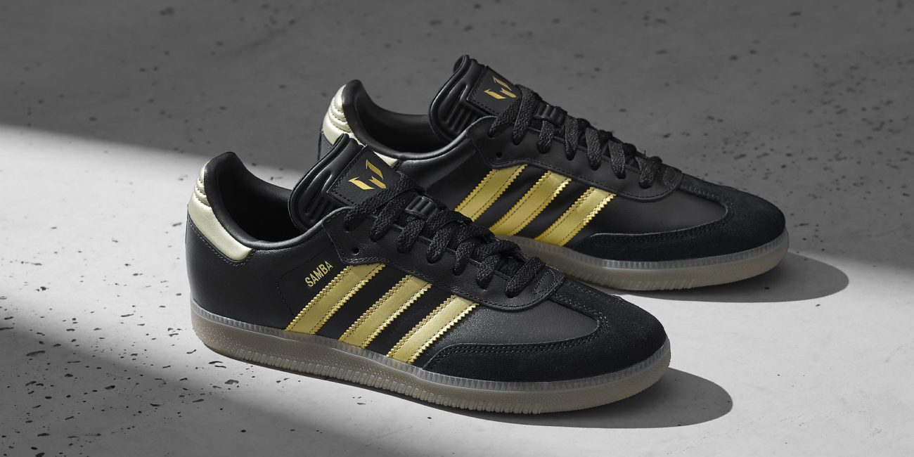 Arriving as the perfect off-pitch partner to Messi’s signature ‘Triunfo Dorado’ F50, adidas have also released a signature Samba to go with it, presented in a regal black and gold look.