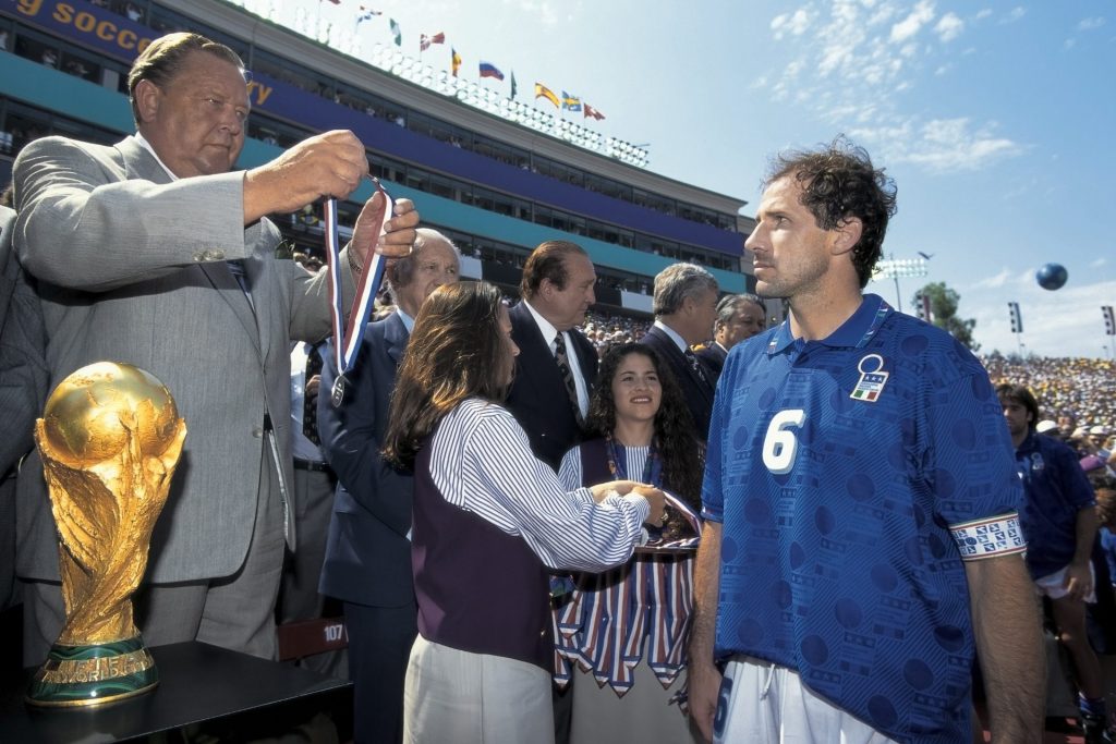 'Italy captain Franco Baresi receives his runners-up medal, World Cup Final: Italy v Brazil, Los Angeles, USA 17 July 1994'. Credit PA Images Alamy Stock Photo. Courtesy OOF Gallery